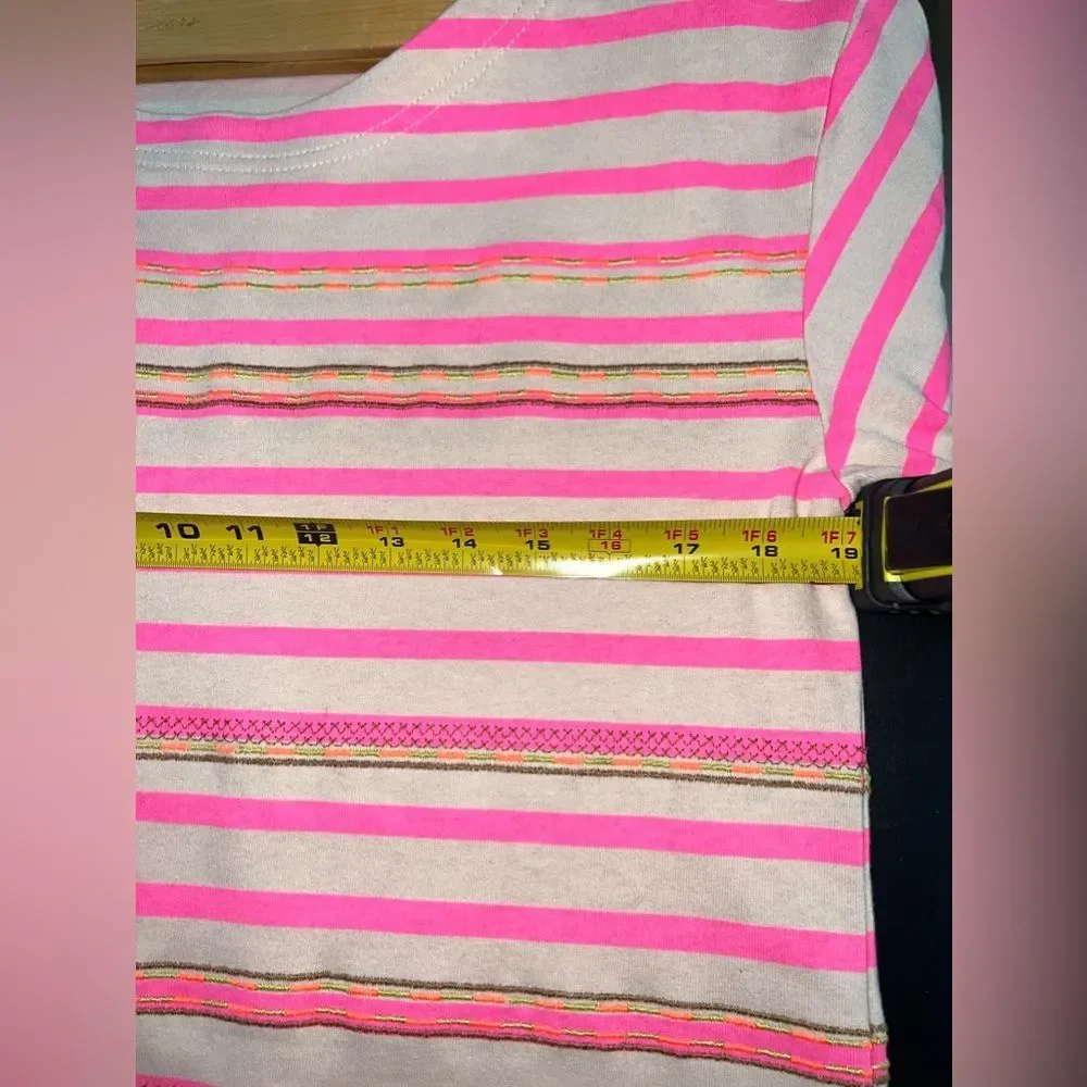 J.Crew Stitchwork Stripe Top Pink Neon Embroidered 3/4 Sleeve Top Size M NWOT